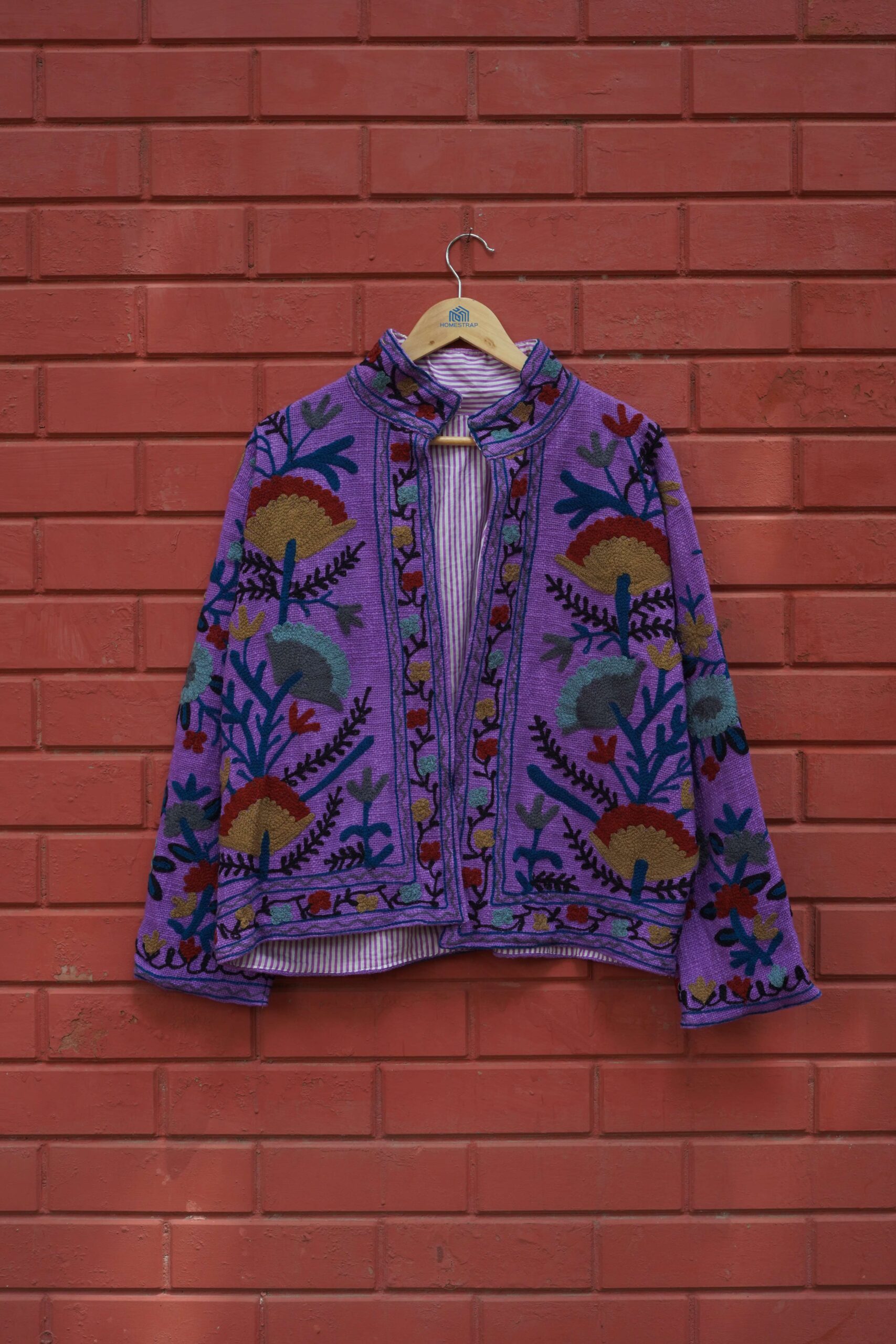 Womens Dark Purple Velvet Embroidered Jacket with Floral Design - Image 4