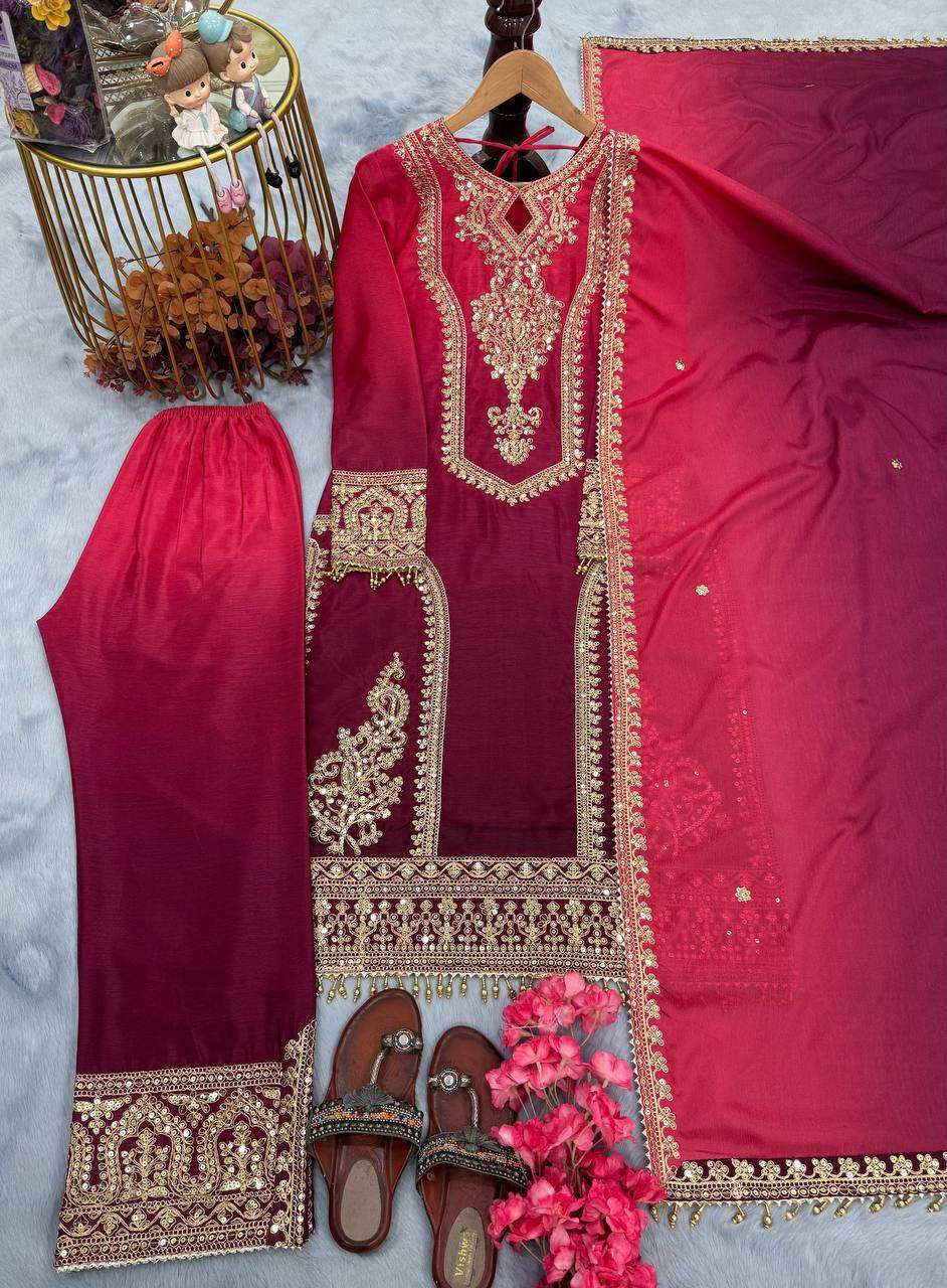 Women's Chinon Silk Embroidery Straight Pakistani Salwar Suit and Dupatta - Image 16