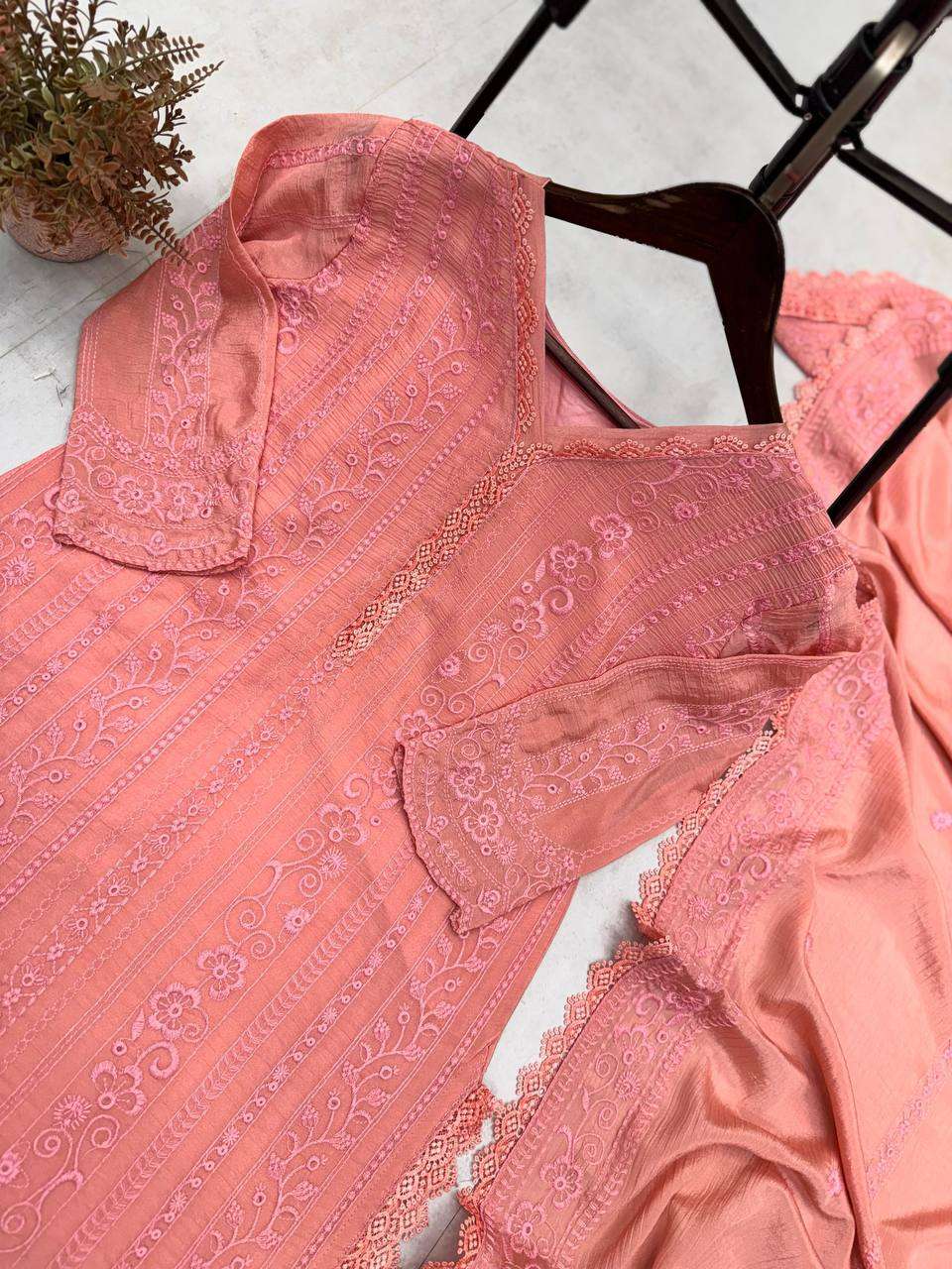 Women's Chinon Silk with Cotton Thread Embroidery Straight Kurti With Pant and Dupatta set - Image 5